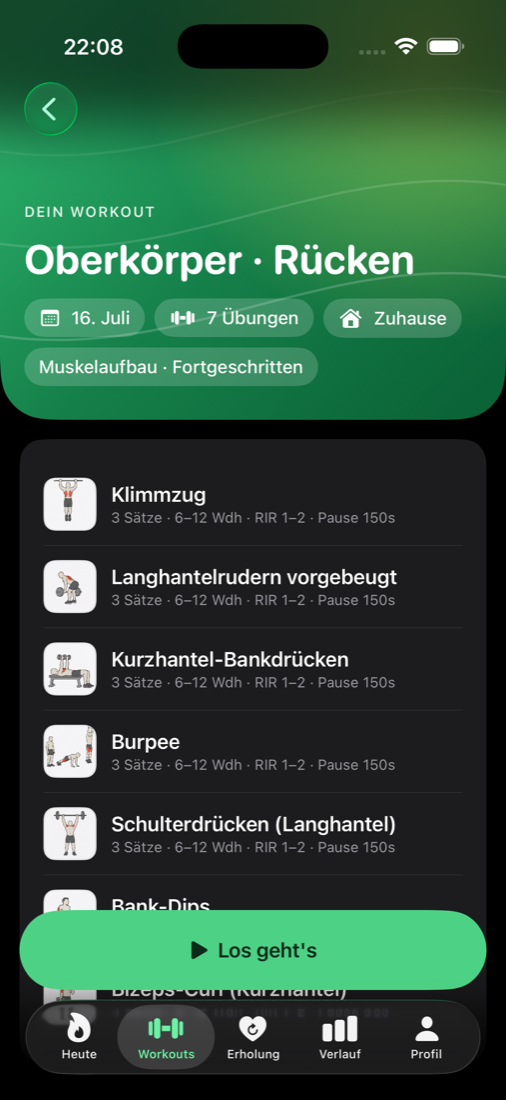LeibFit Workout-Übersicht mit Übungen, Sätzen und Wiederholungen